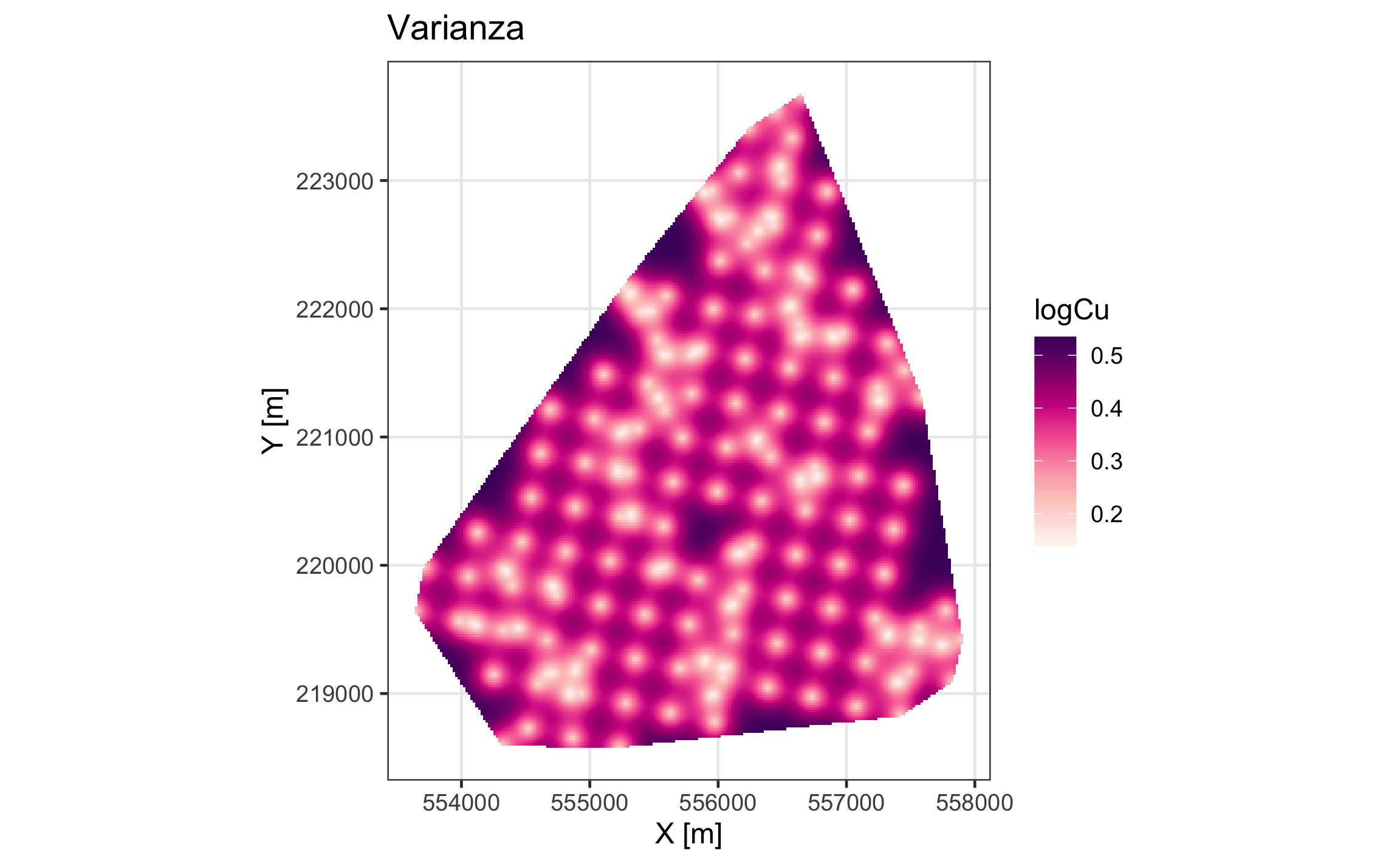 Mapa de varianza (error) para el logaritmo de Cu.