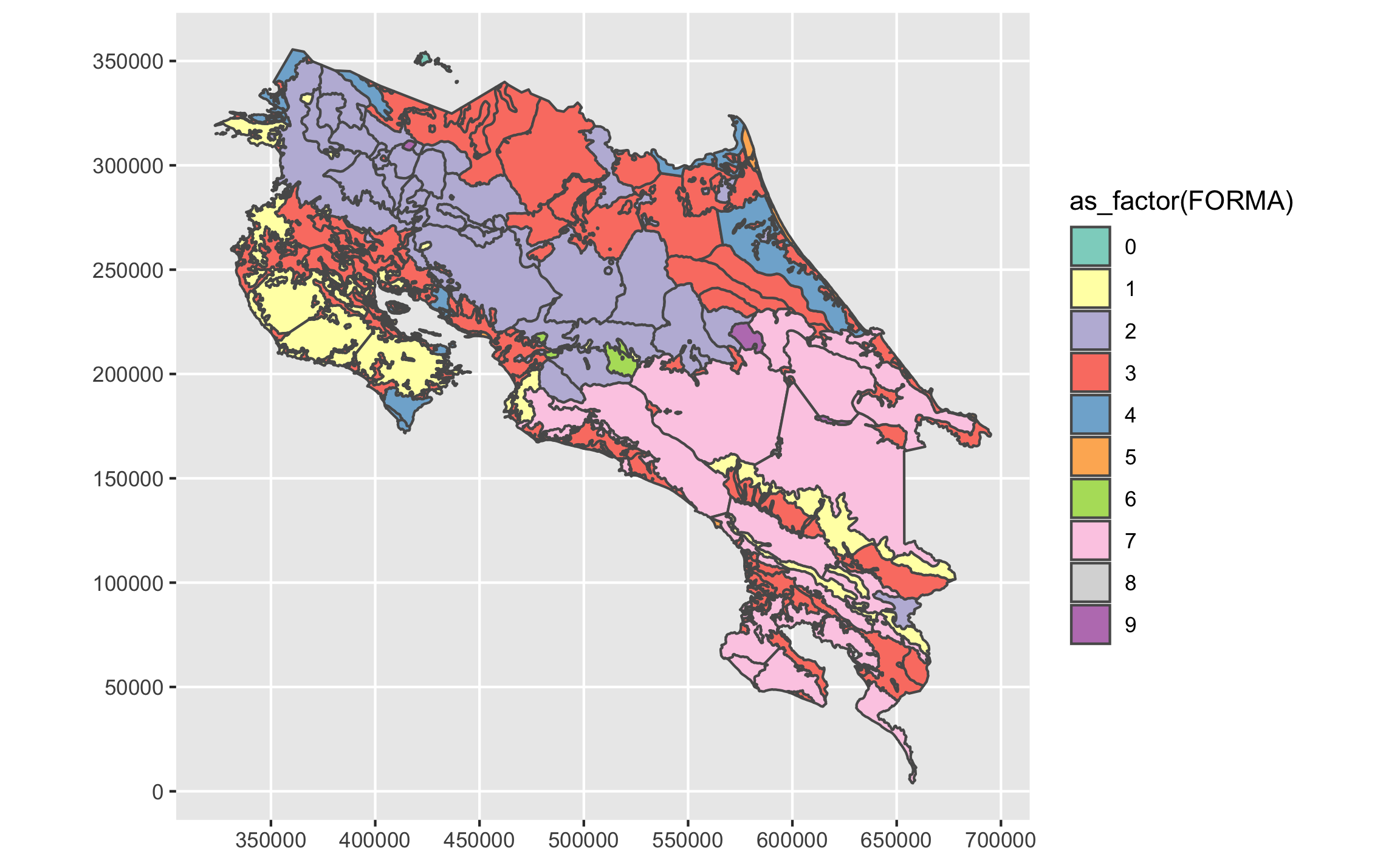 Mapa de polígonos en *ggplot* coloreados por la variable "FORMA"