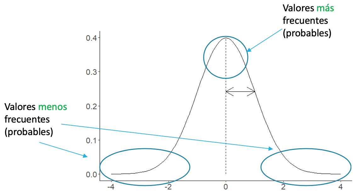 Forma de la distribución normal mostrando donde se presentan los valores más y menos frecuentes.