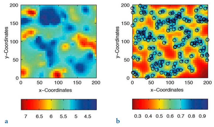 Ejemplo del resultado de interpolación (a), y su error (b), por medio de Kriging. Tomado de Trauth (2015).